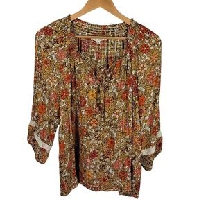 Jane + Delancey Floral Peasant Blouse Lace Trim Boho Cottagecore Top Sz M Hippie